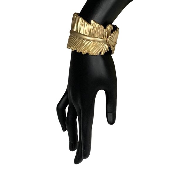Gold Feather Hinge Statement Bangle Bracelet For Women - Picture 4 of 7